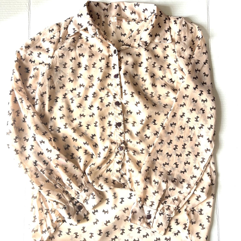 Chic Cream Blouse with Black Dog Pattern